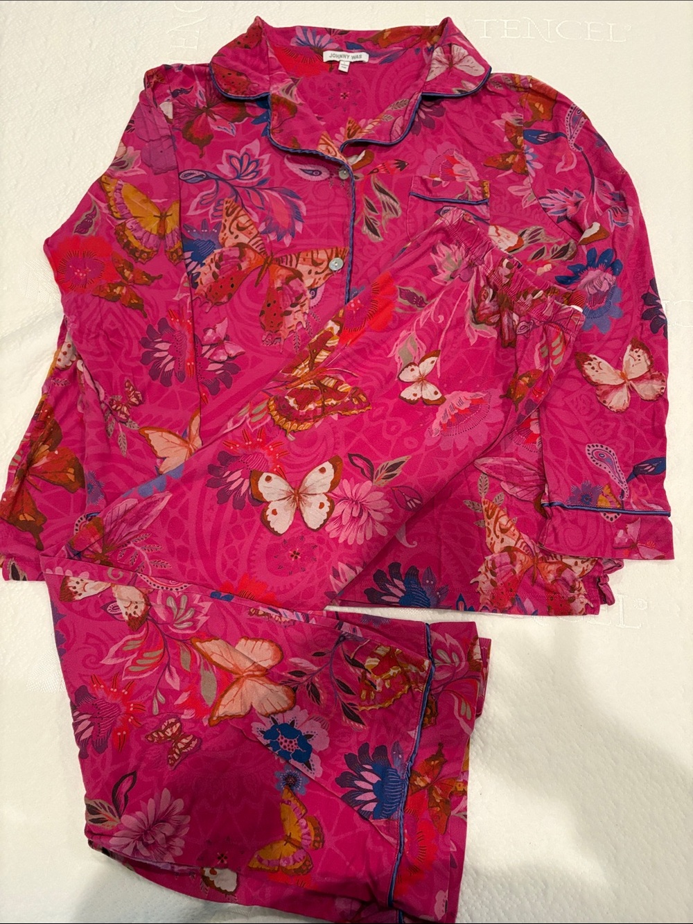 Johnny Was Hot Pink Butterfly & Floral Pajama Set Cotton blend L Long sleeves